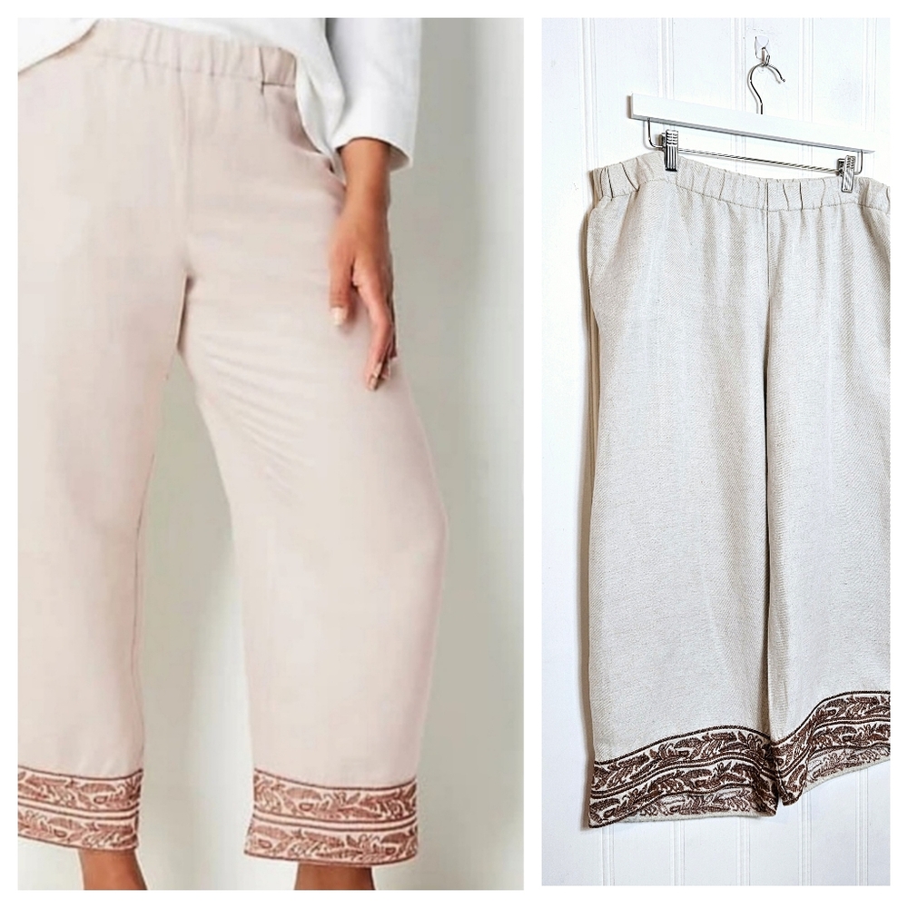 J. Jill Wide Leg Pants Womens Size XL Beige Linen Blend Embroidered Hem Boho